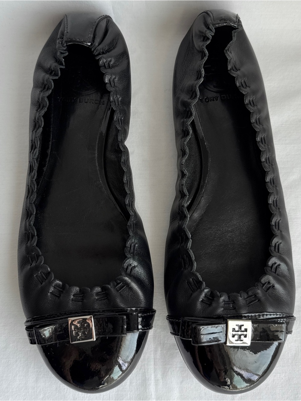 Tory Burch Soft Ballet Flats Black Leather Toe Casual Shoes Size 7.5